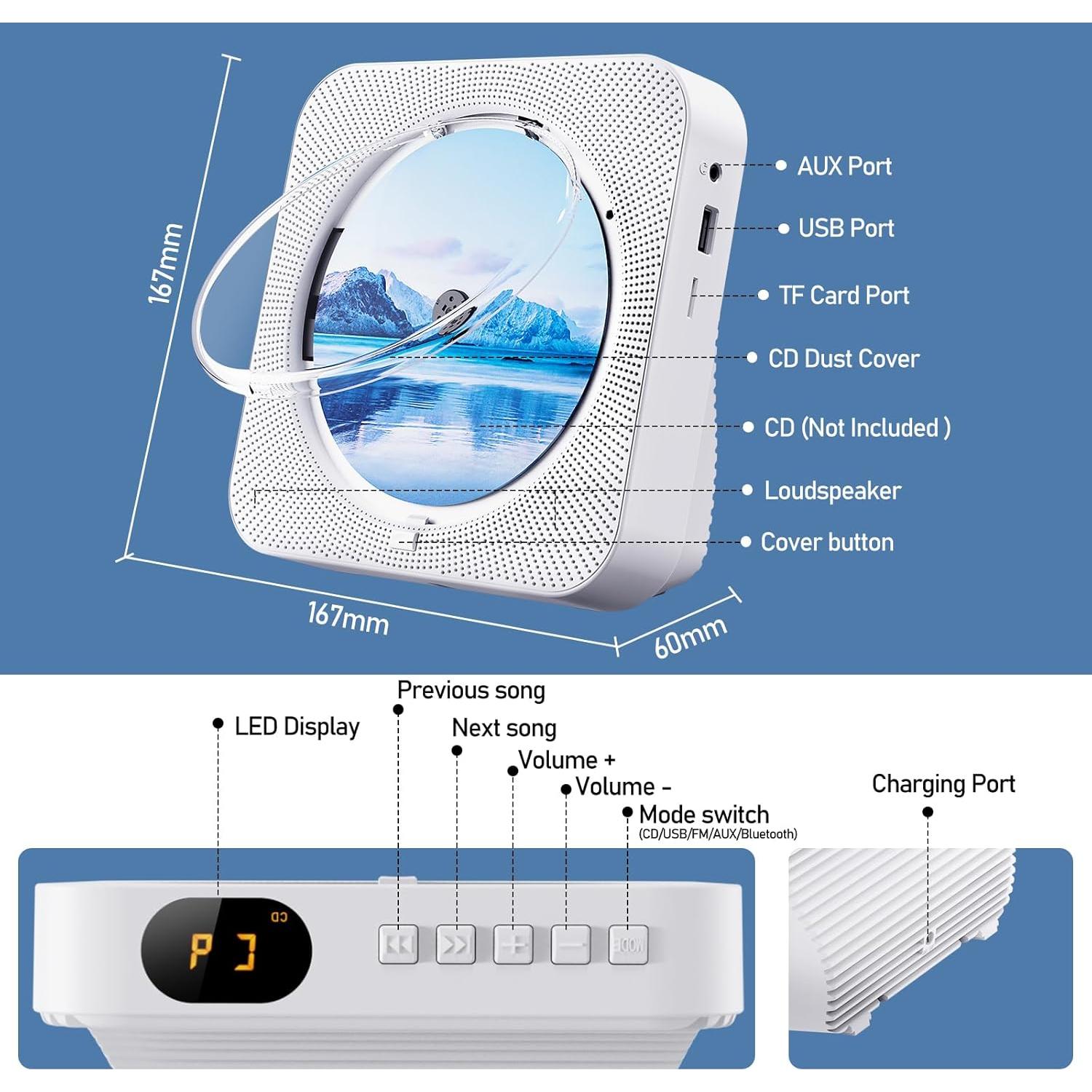 Reproductor de CD Portátil ZYOKATA Blanco Bluetooth 5.1 HiFi