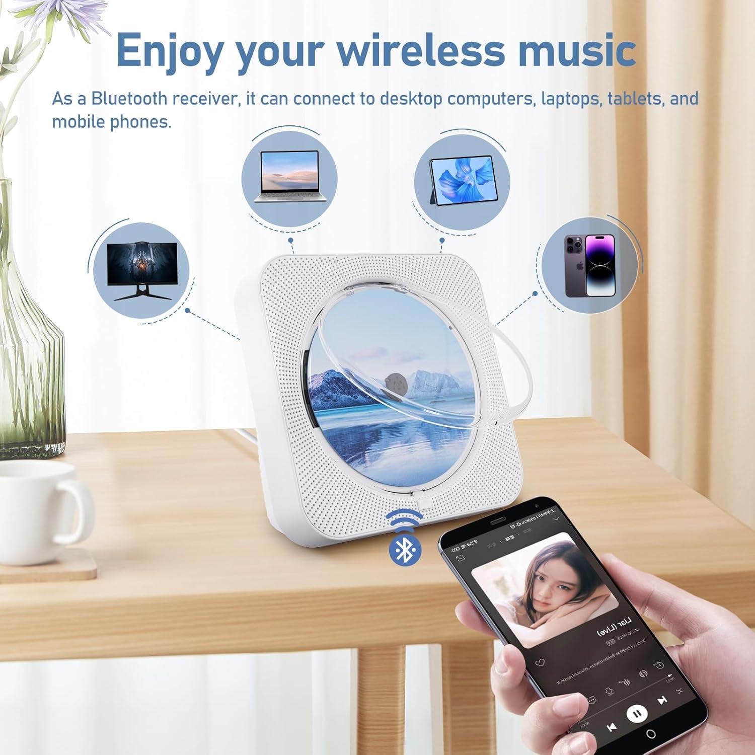 Reproductor de CD Portátil ZYOKATA Blanco Bluetooth 5.1 HiFi