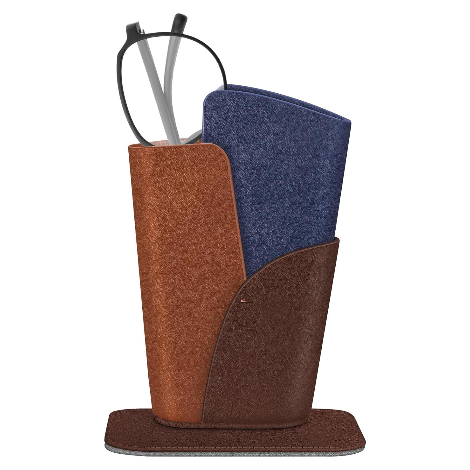 Fintie Eyeglasses Holder - Anti-scratch Premium Vegan Leather Glasses Stand Case for Desk or Nightstand (Dark Brown)