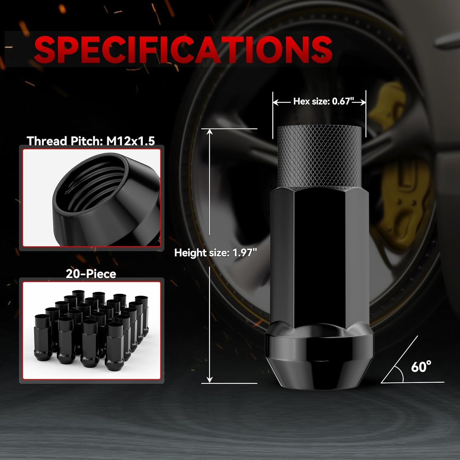 20 Tuercas de Buje Abierto EZISOE M12x1.5 50mm Negras