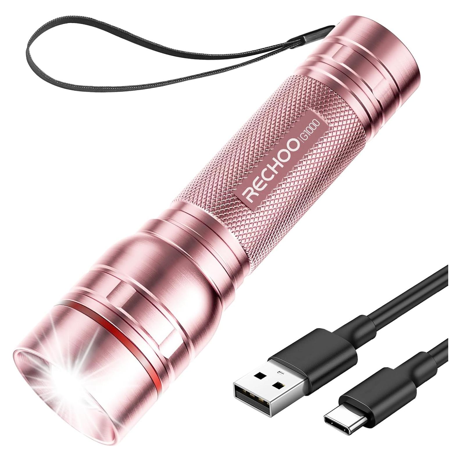 Linterna Recargable RECHOO G1000 LED Rosa 3 Modos Compacta