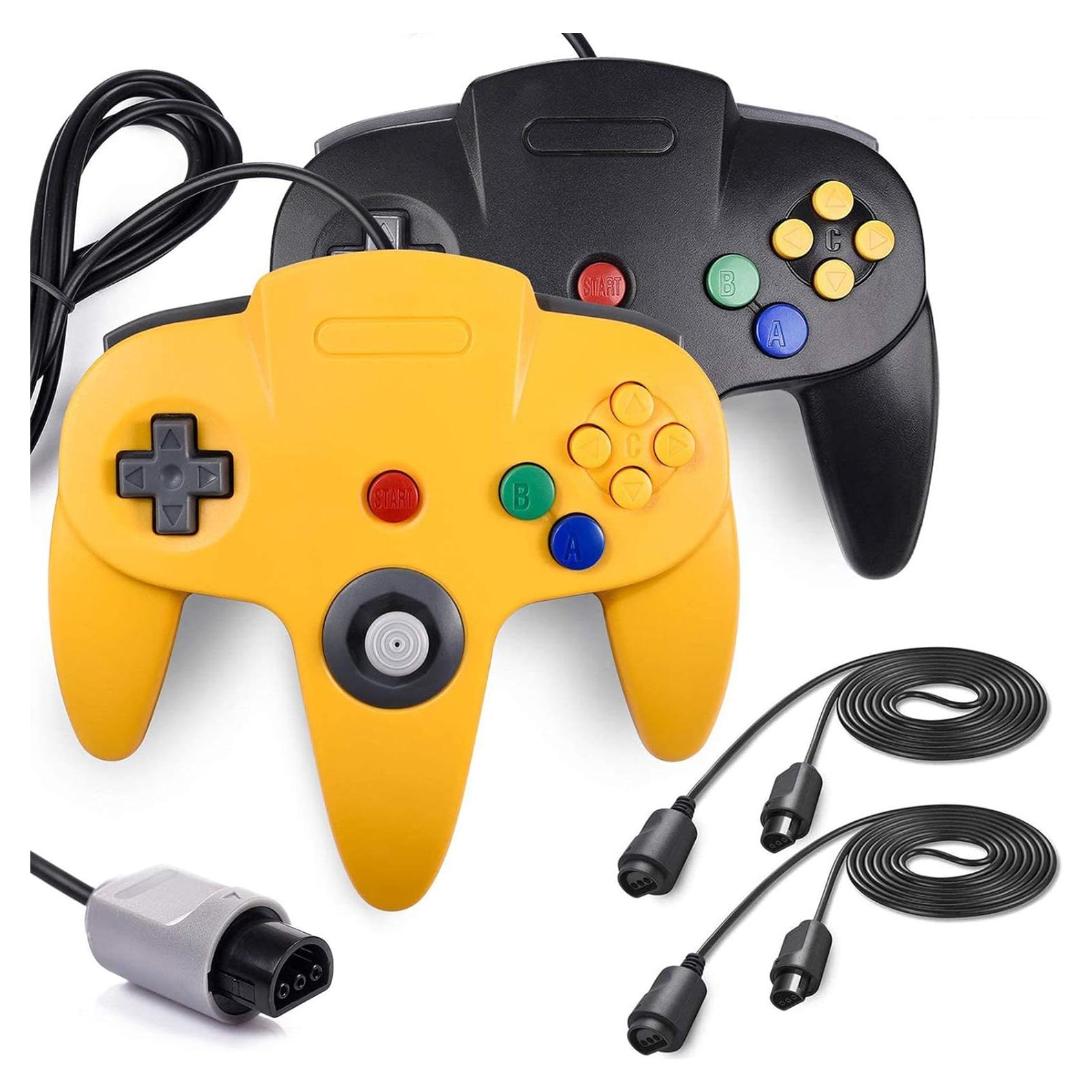 2-Pack Wired Classic 64 Controller Bundle with 2 Extension Cords [1.8m/6ft ] Compatible with N64 Video Game Console (Black and Yellow)