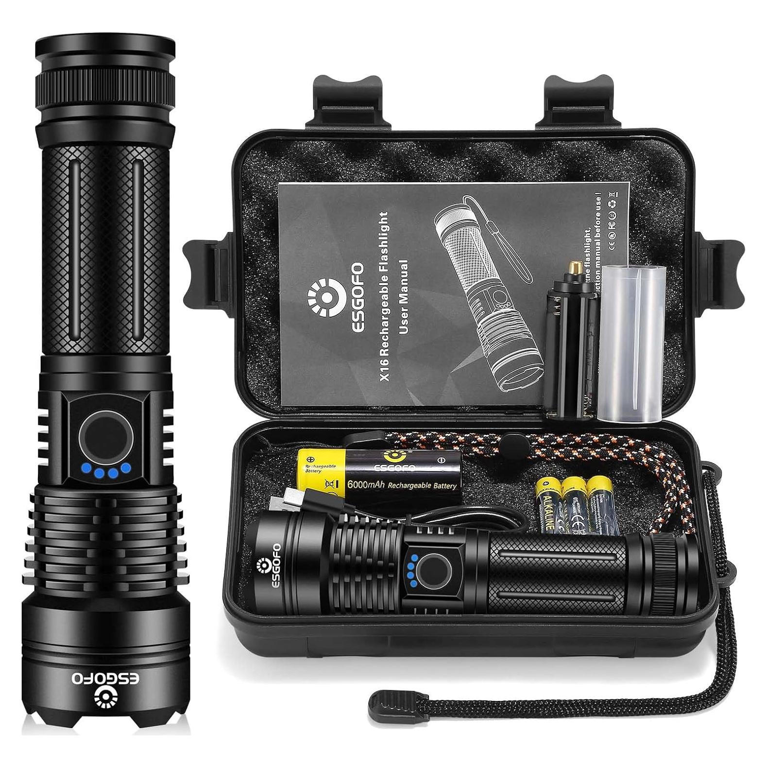 Esgofo Flashlights High Lumens 10000 Rechargeable, Super Bright Handheld LED Flash Light, Powerful Emergency Linternas, Waterproof, Long Lasting, for Hiking Camping Gift
