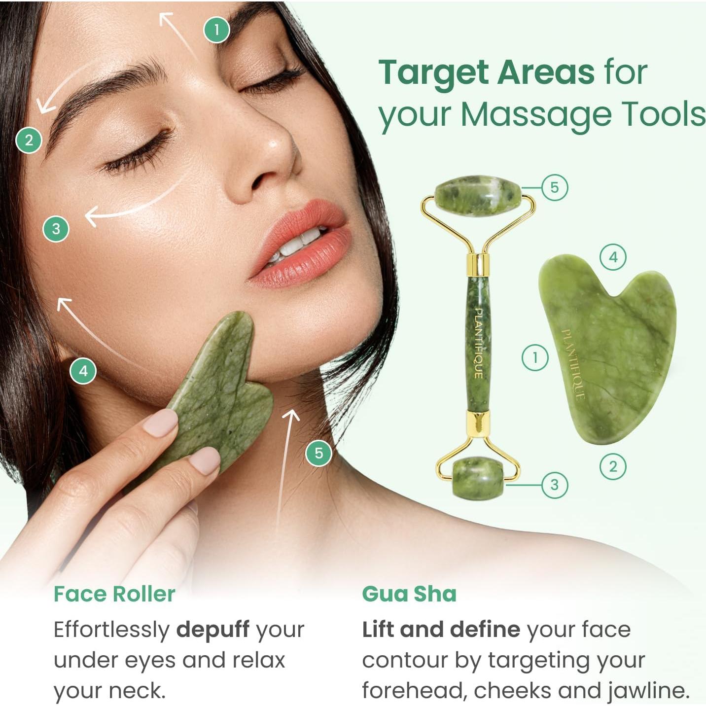 Set de Rodillo Facial y Gua Sha PLANTIFIQUE Jade Verde