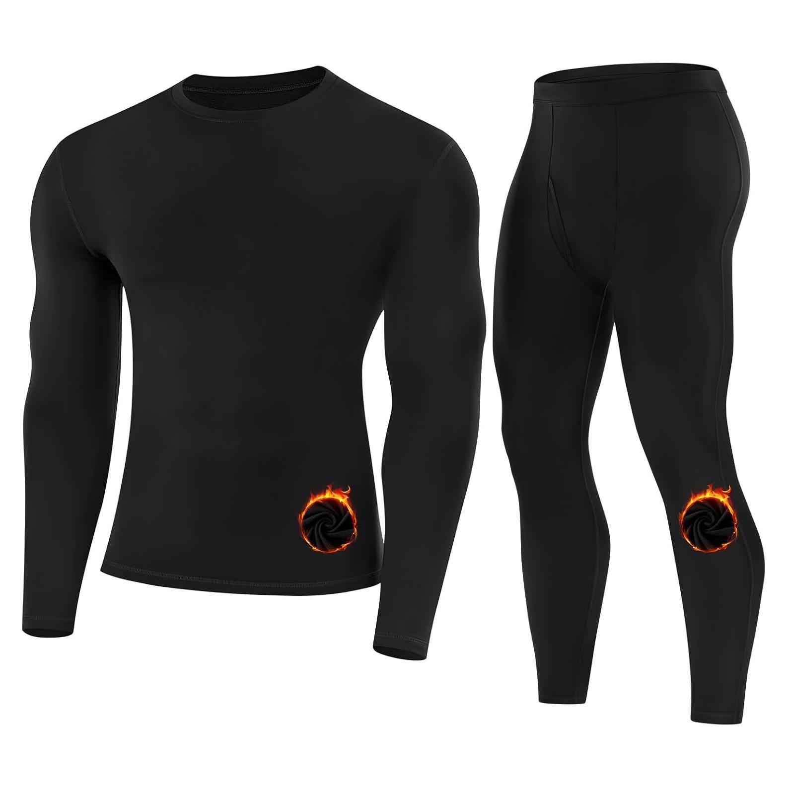 Conjunto de Ropa Interior Térmica para Hombres Runhit - Forro Polar, Grande, Negro