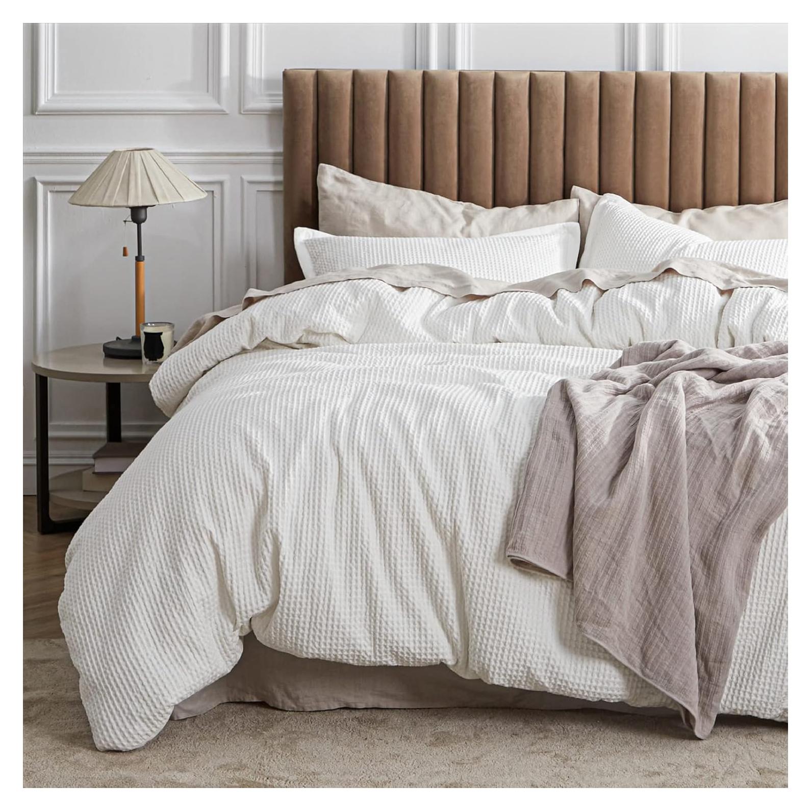 Funda de Edredón Bedsure Queen Algodón Waffle Blanco Coco