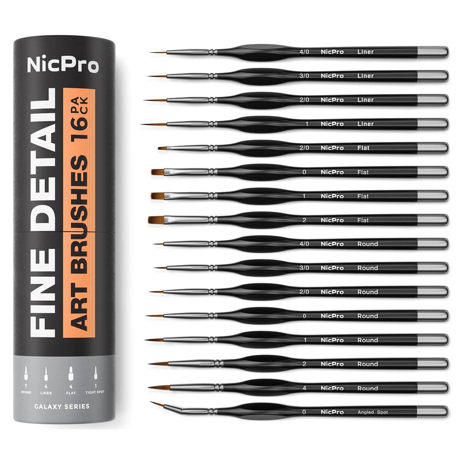 Juego de 16 Pinceles de Detalle Nicpro - Punta Fina para Acrílico y Acuarela