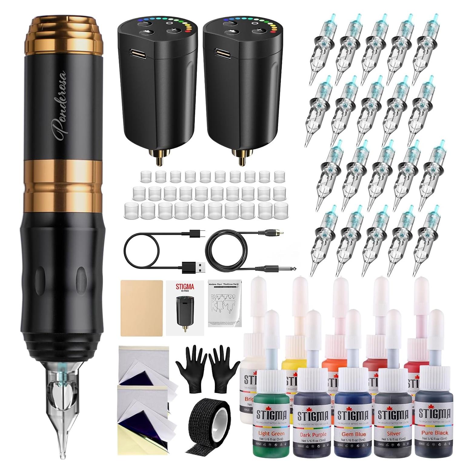 Kit de Tatuaje Inalámbrico STIGMA Pro Pluma 2 Baterías 20 Agujas