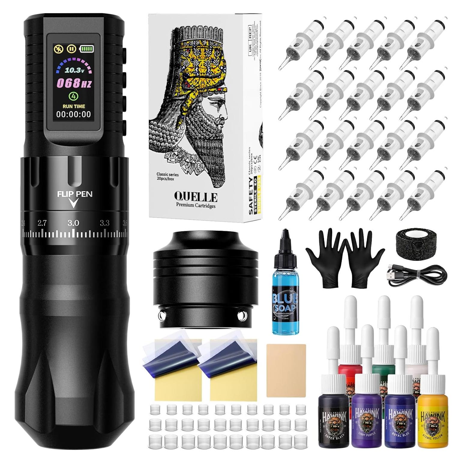 Kit de Tatuaje Inalámbrico Hawink E86 20 Agujas 7 Tintas