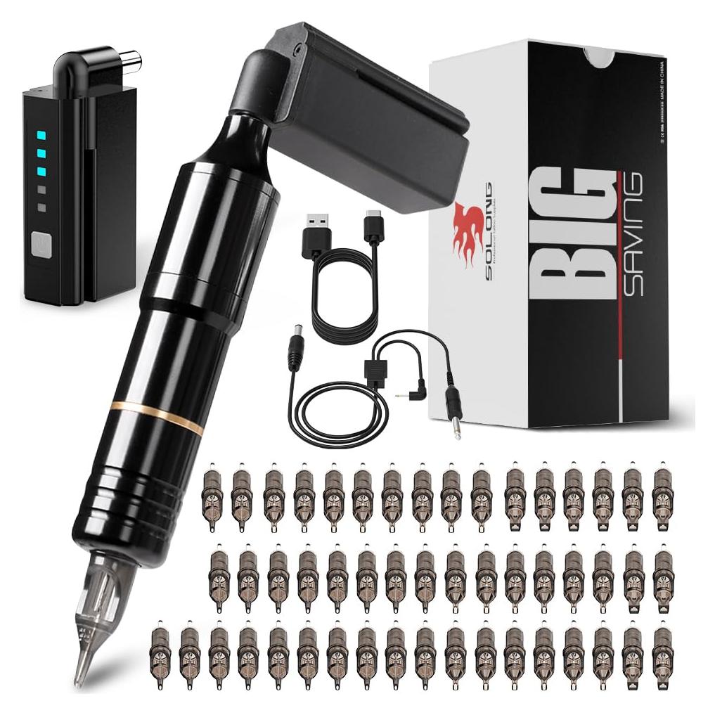 Kit de Tatuaje Solong Pluma Rotativa 50 Agujas Recargable