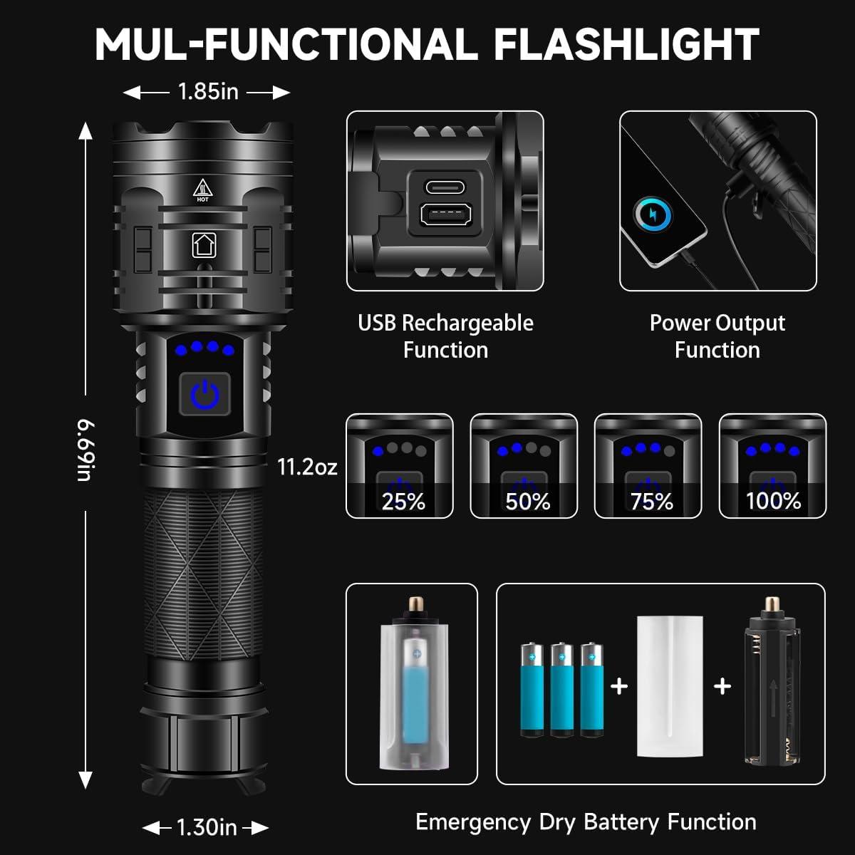 IkeeRuic 2Pack Rechargeable Flashlights High Lumens, Powerful Tactical Flashlights, 5 Modes LED Flashlight Adjustable, Brightest Flashlight Waterproof, Handheld Flash Light for Home, Camping, Hiking