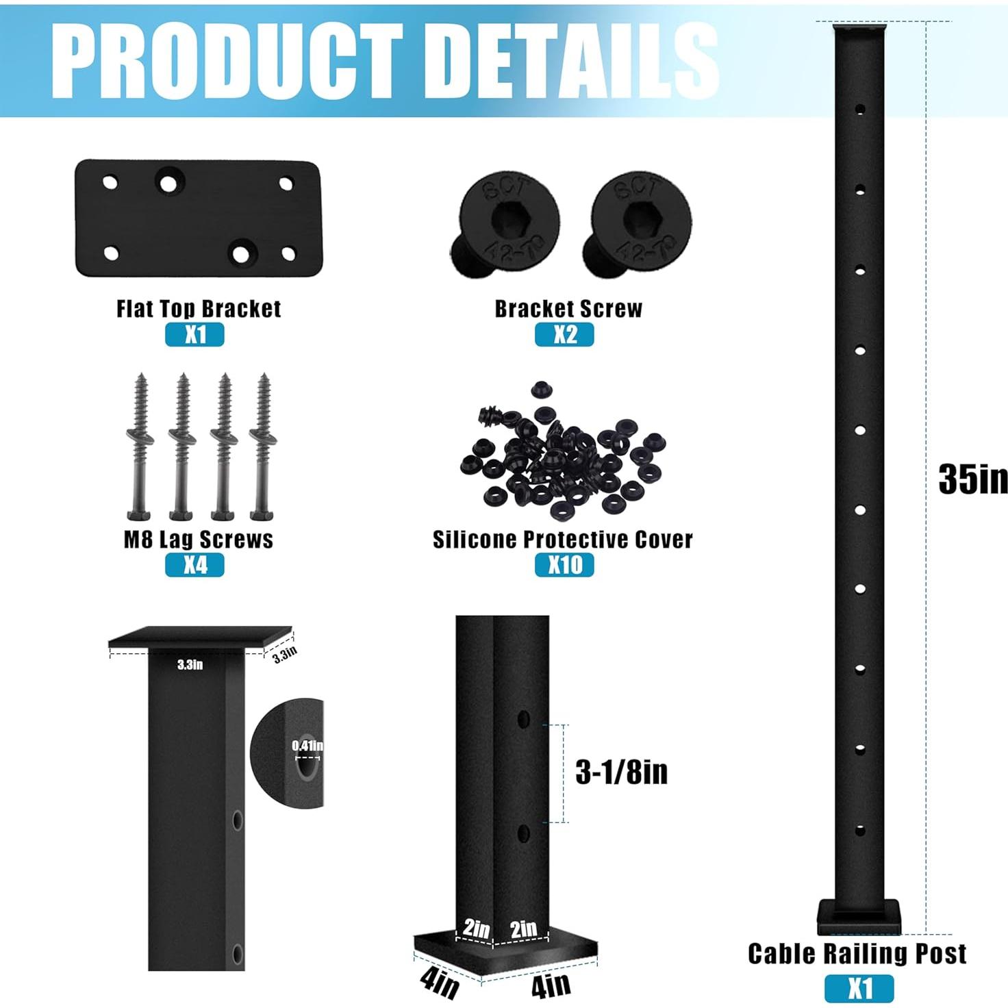 Poste de Barandilla de Cable KIT- Poste Nivel-1P - Metal Negro