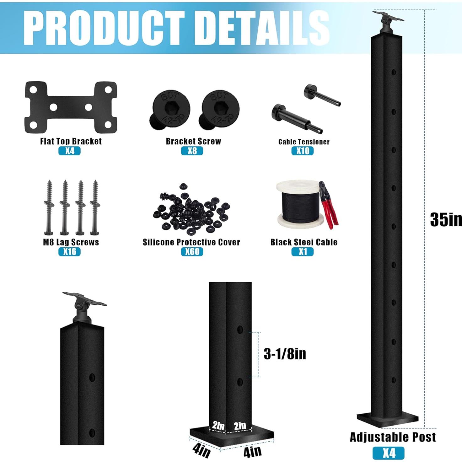 Kit de Poste de Barandilla de Cable 91,44 cm - 4 Piezas