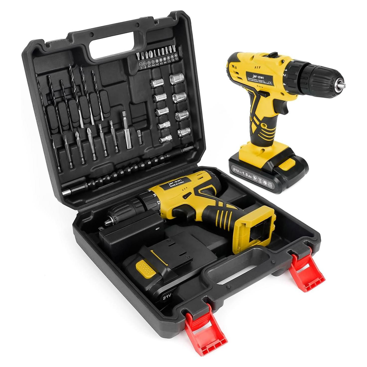 Taladro Inalámbrico Jar-Owl 21V con 37 Brocas Amarillo