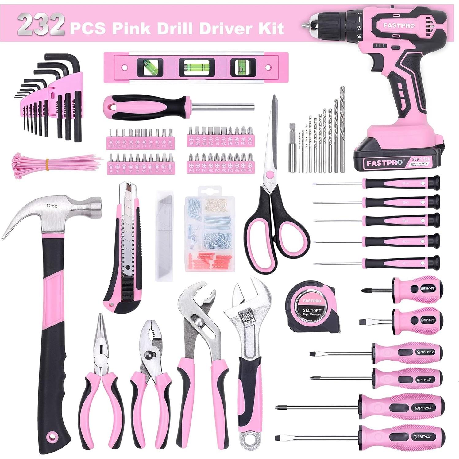 Juego de Herramientas 232 Piezas Taladro 20V Rosa FUTE