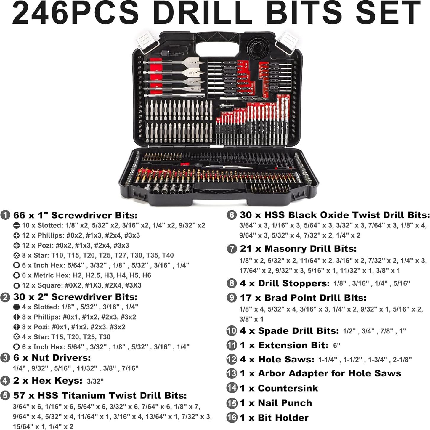 Juego de Brocas COMOWARE 246 Pcs Madera Metal y Accesorios