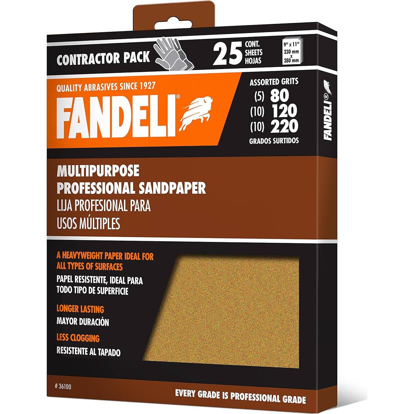 Papel de Lija Fandeli 25 Hojas Granos 80, 120, 220