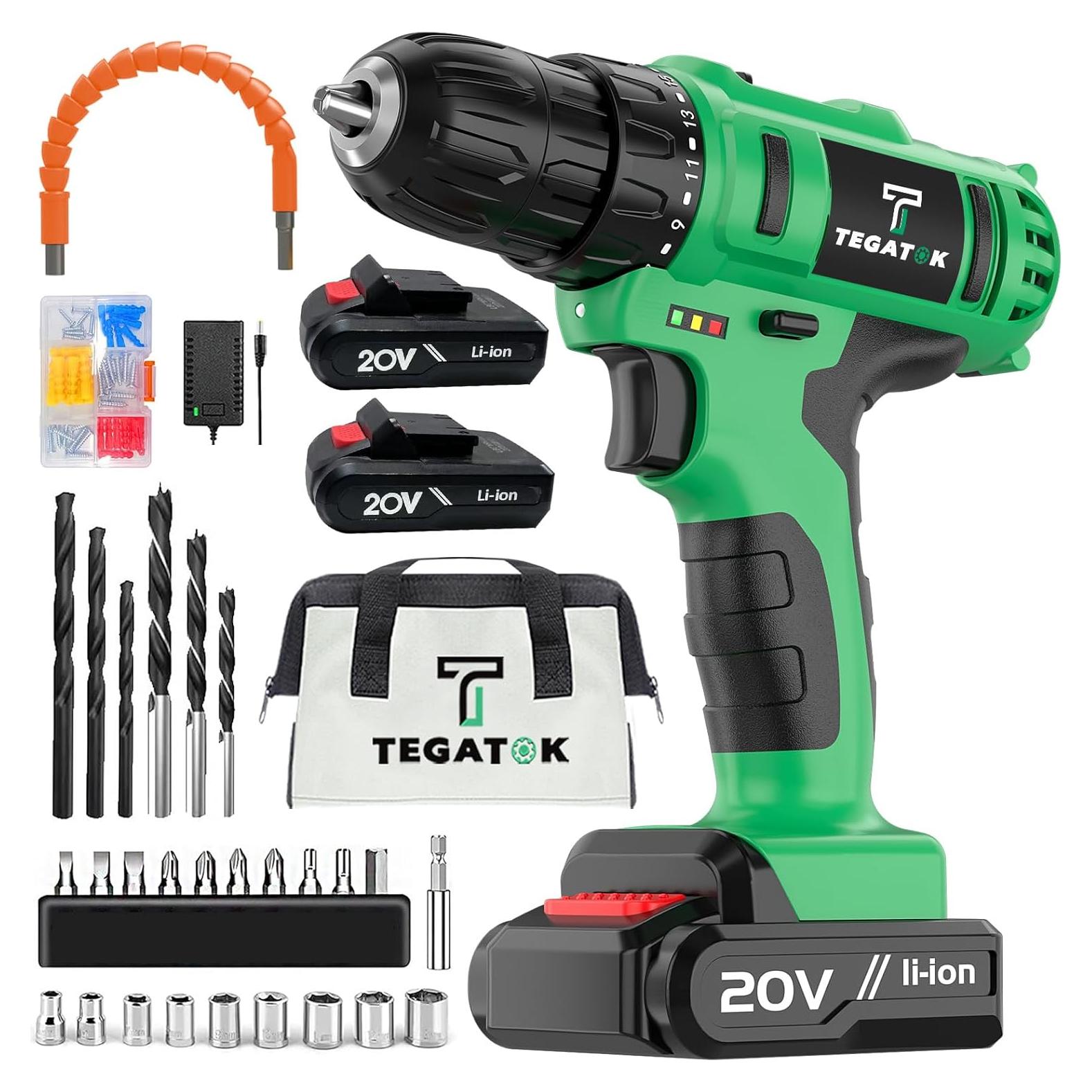 Taladro Inalámbrico Tegatok 20V con 2 Baterías y Luz LED