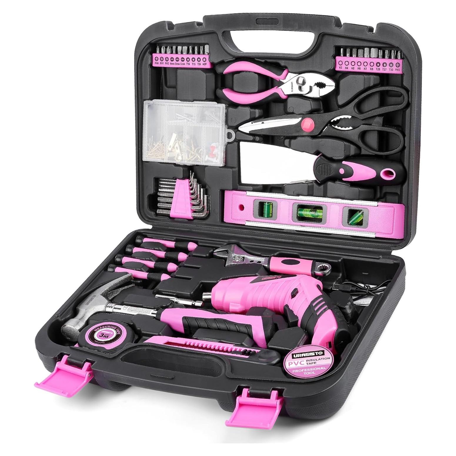 Juego de Herramientas Rosa 136 Piezas con Destornillador 3.6V