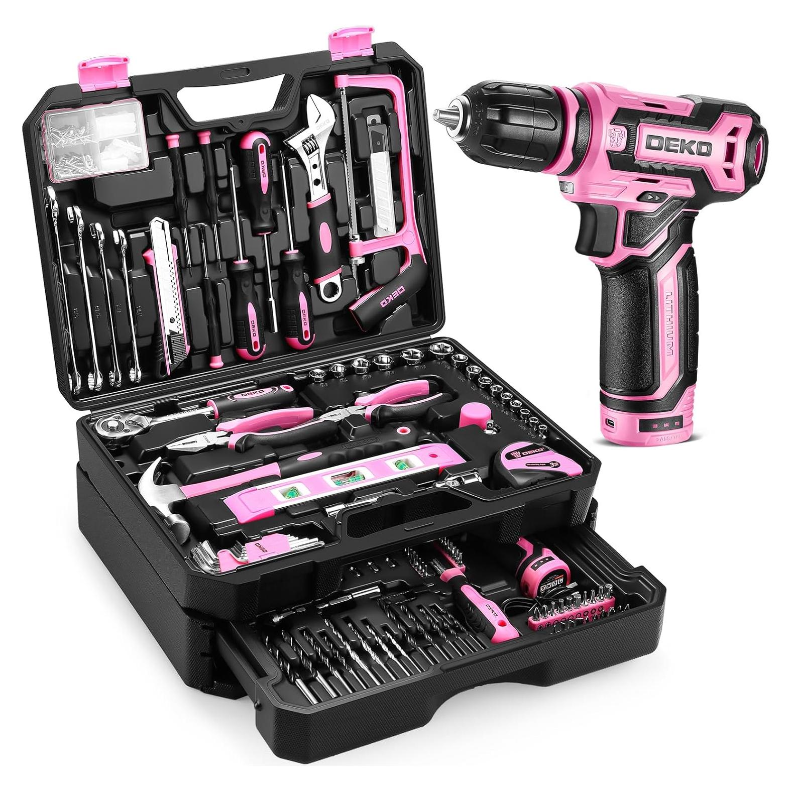 Juego de herramientas rosa DEKOPRO 238 piezas con taladro 12V
