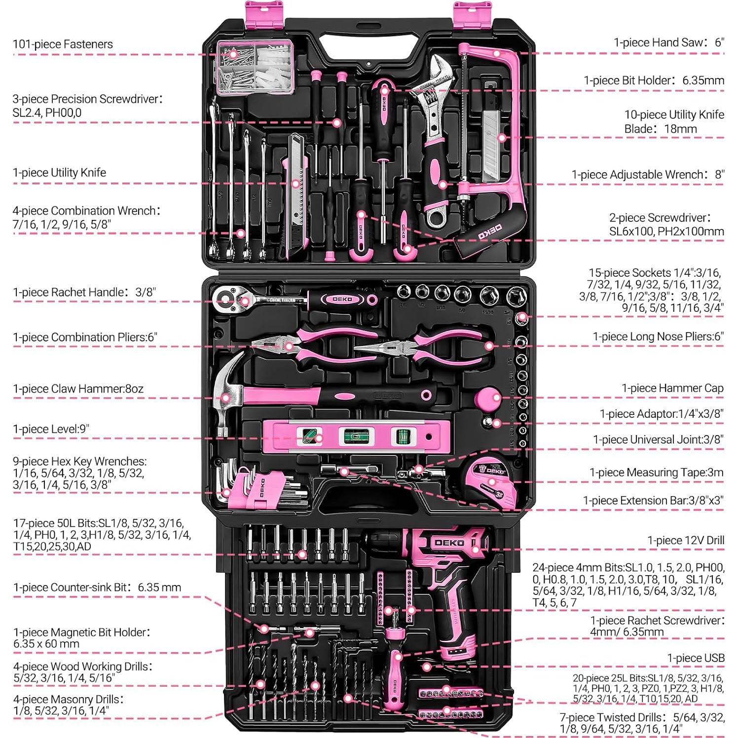 Juego de herramientas rosa DEKOPRO 238 piezas con taladro 12V