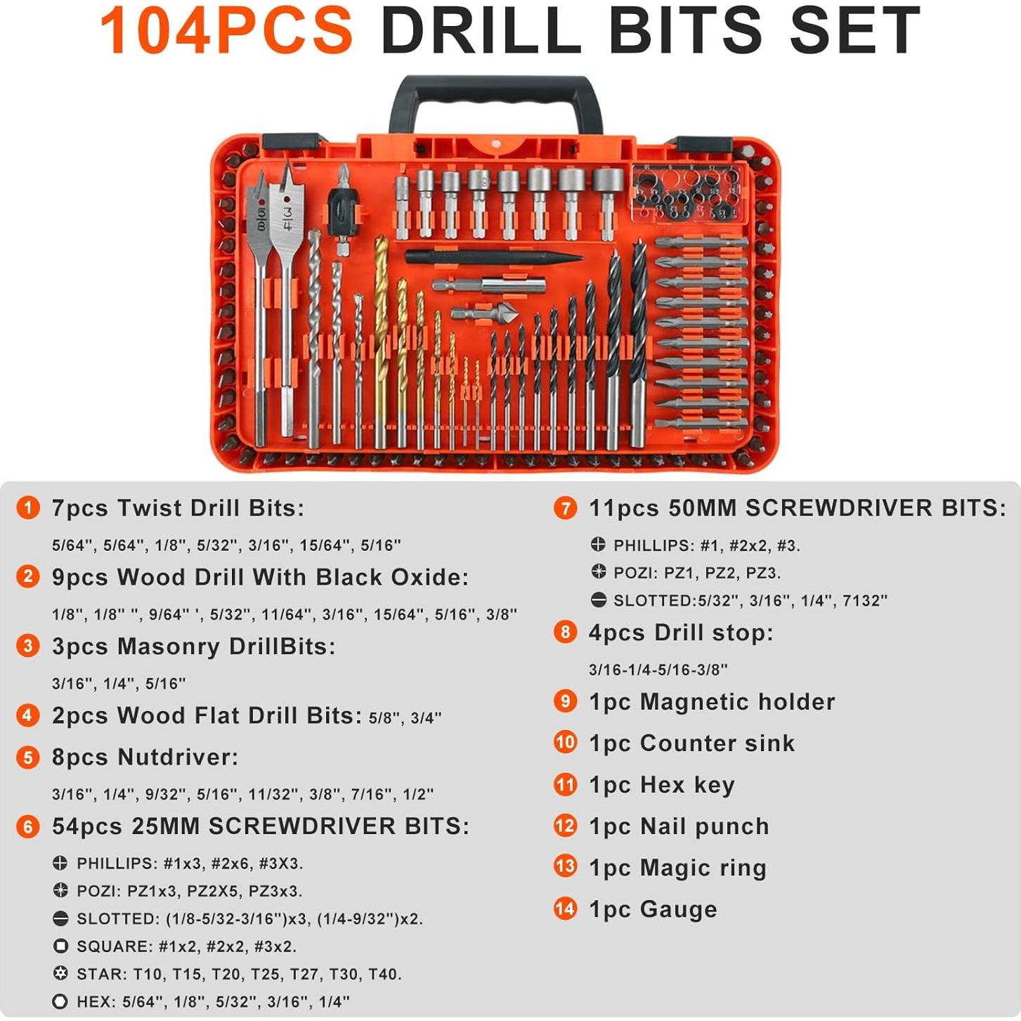 Juego de Brocas COMOWARE 104 Piezas Titanio y Destornilladores