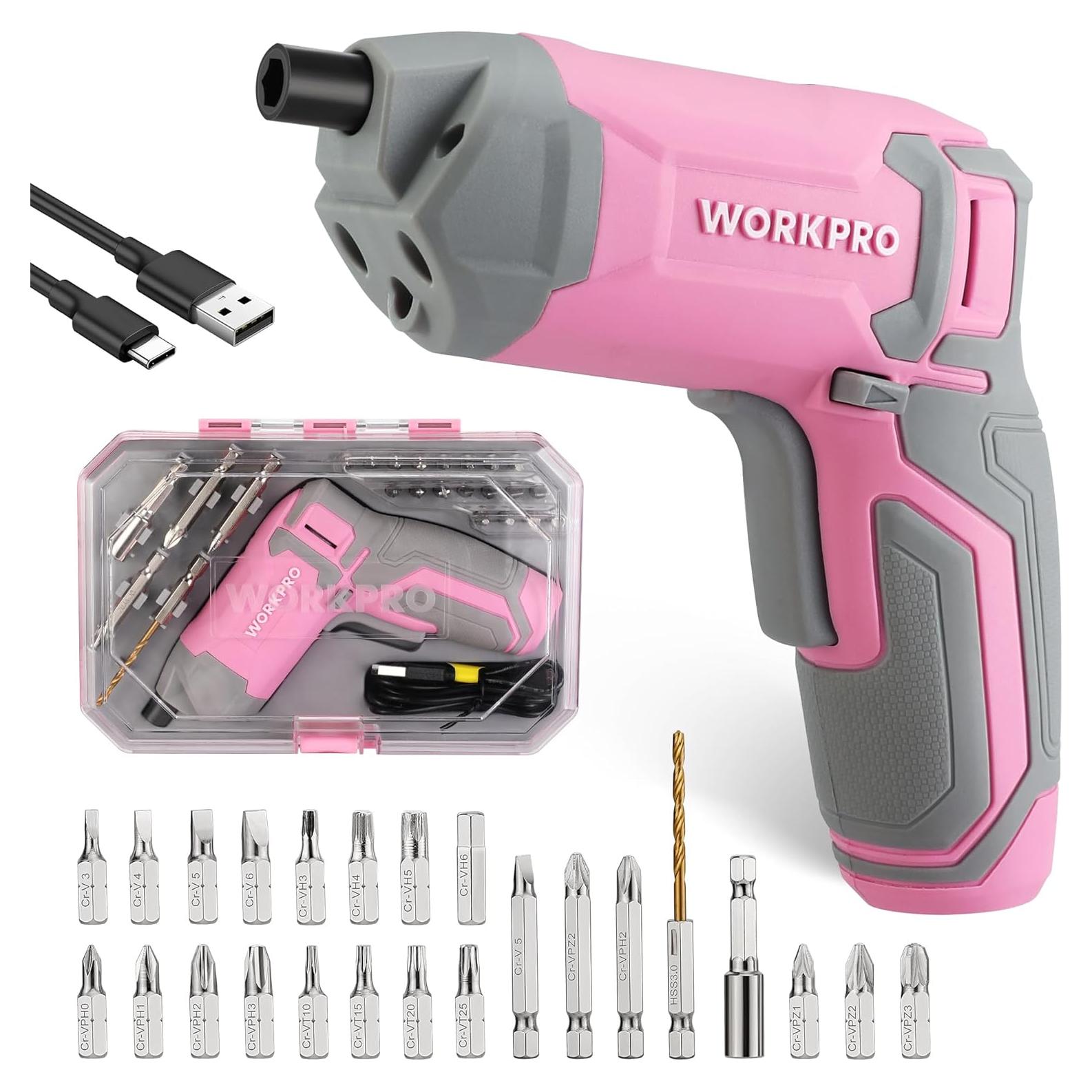 Destornillador Inalámbrico WORKPRO 3.6V Rosa con 24 Piezas