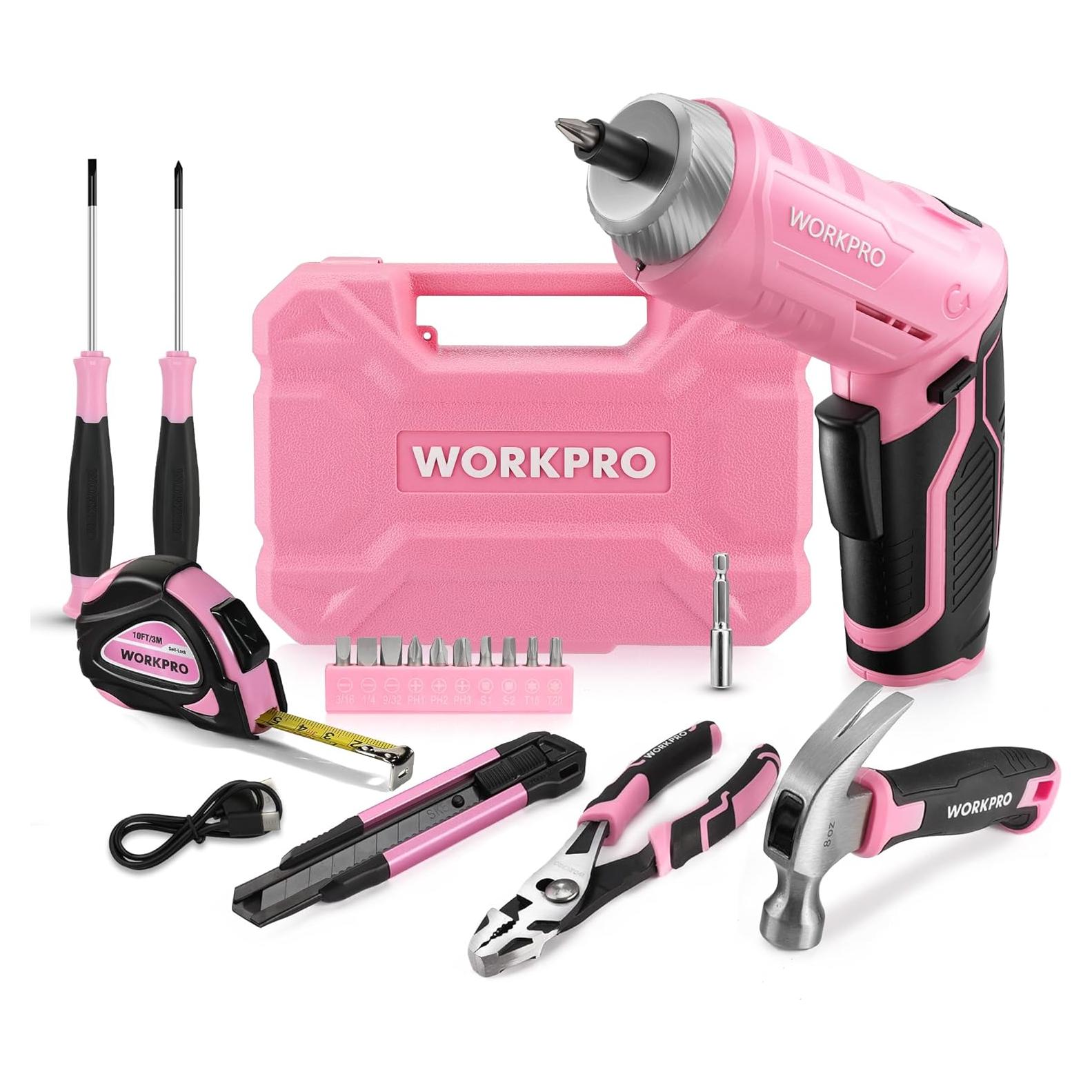 Juego de Herramientas WORKPRO Rosa 18PCS con Destornillador Eléctrico