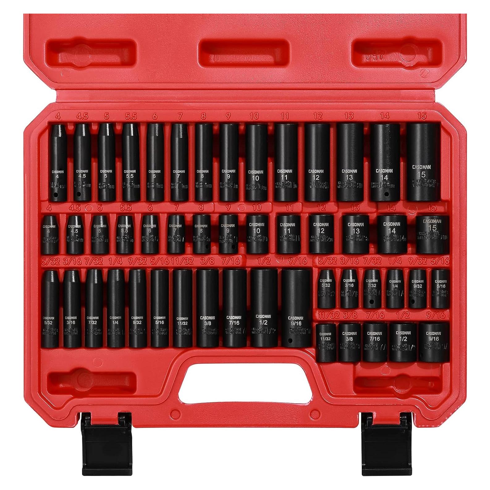 Juego de Enchufes de Impacto CASOMAN 50 Piezas 1/4" Dr. SAE/Métrico