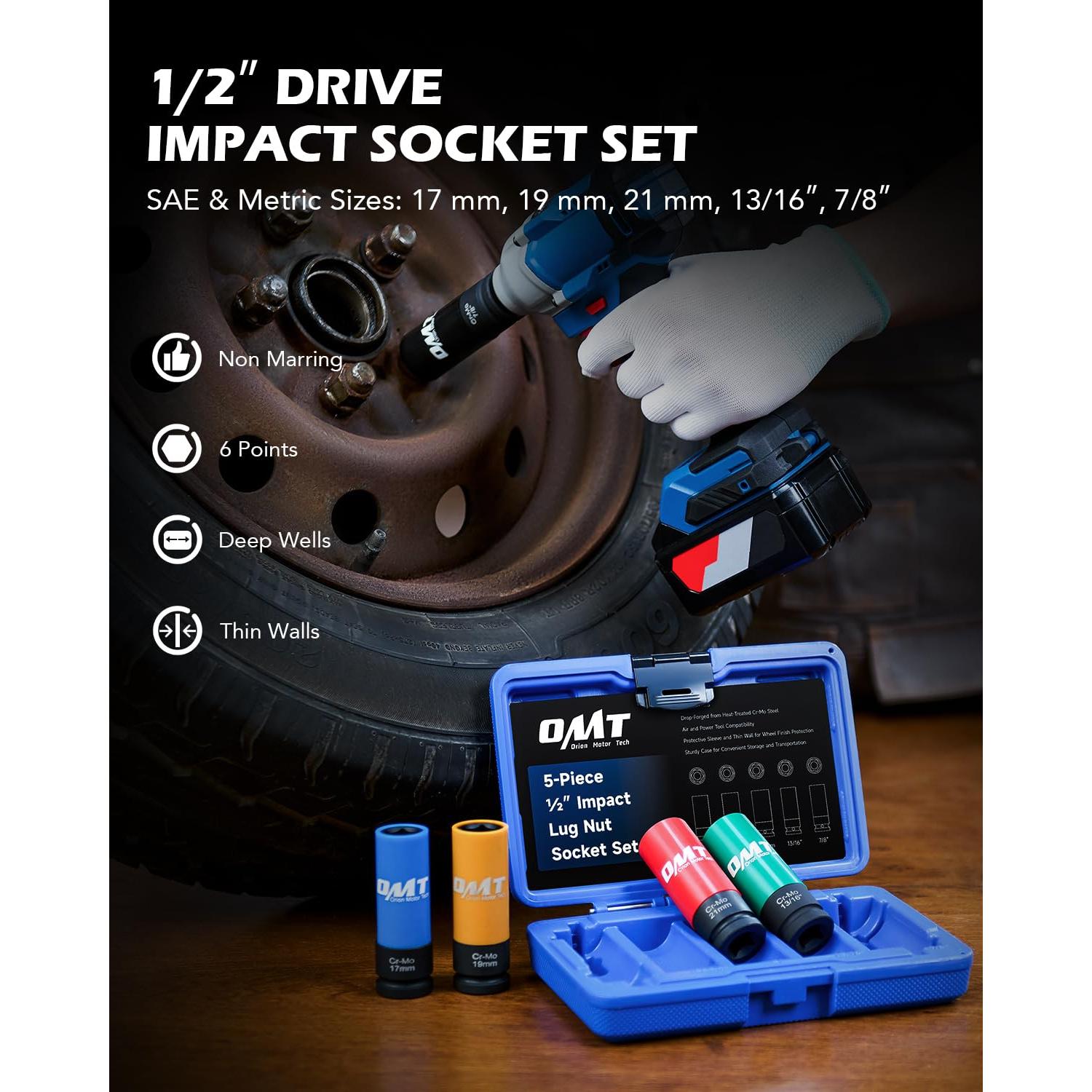 Juego de Enchufes para Tuercas de Llantas Orion 1/2" 5 Piezas