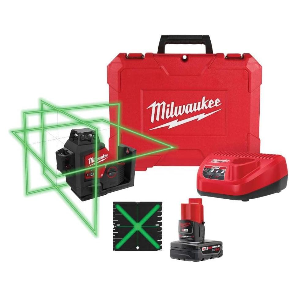 Nivel Láser Milwaukee M12 Verde 360° 3 Planos + Carro Premium