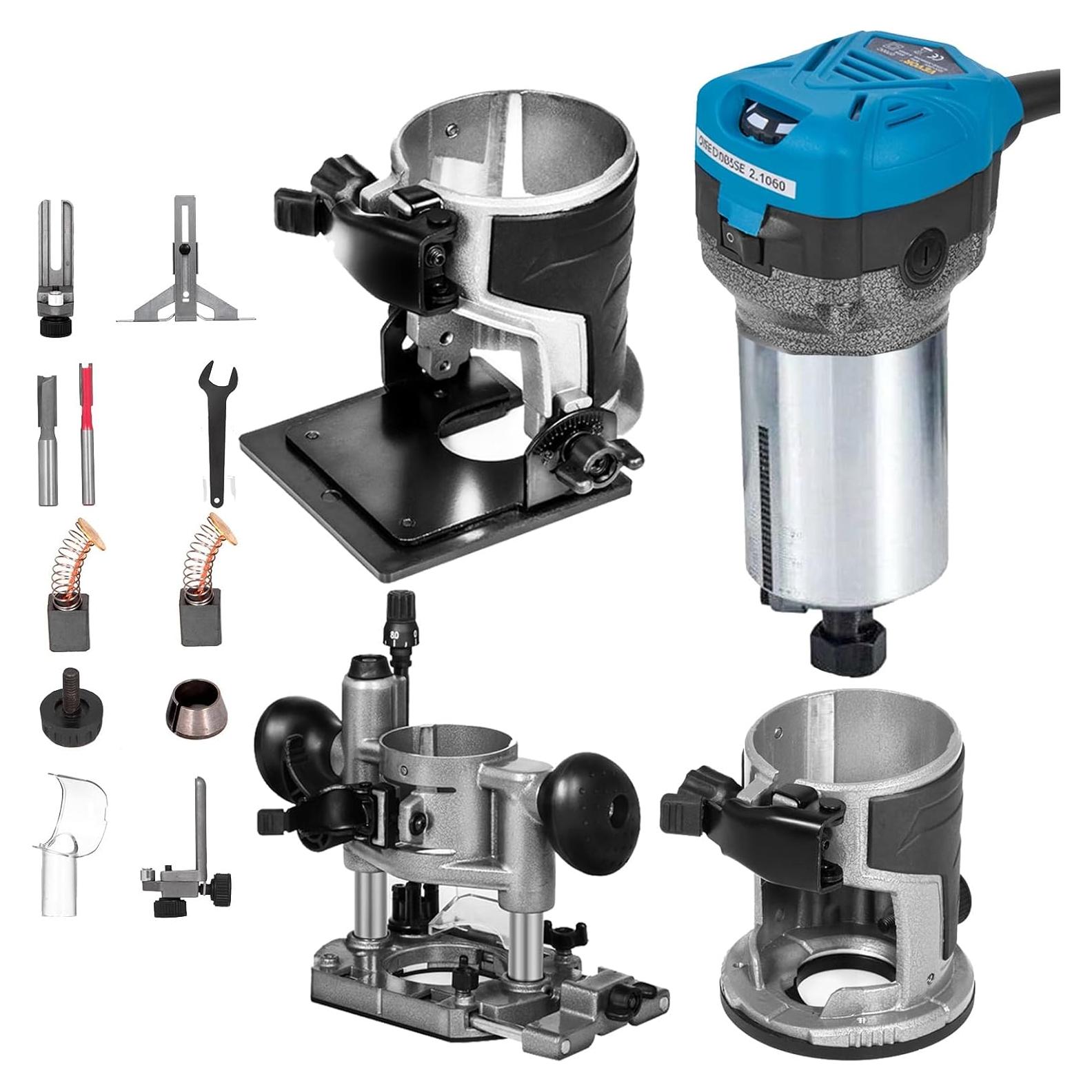 VEVOR Compact Router 1.25HP With Fixed Base, Plunge Base and Tilt Base, Variable Speed Wood Router Kit Max Torque 30,000RPM For Woodworking & Furniture Manufacturing