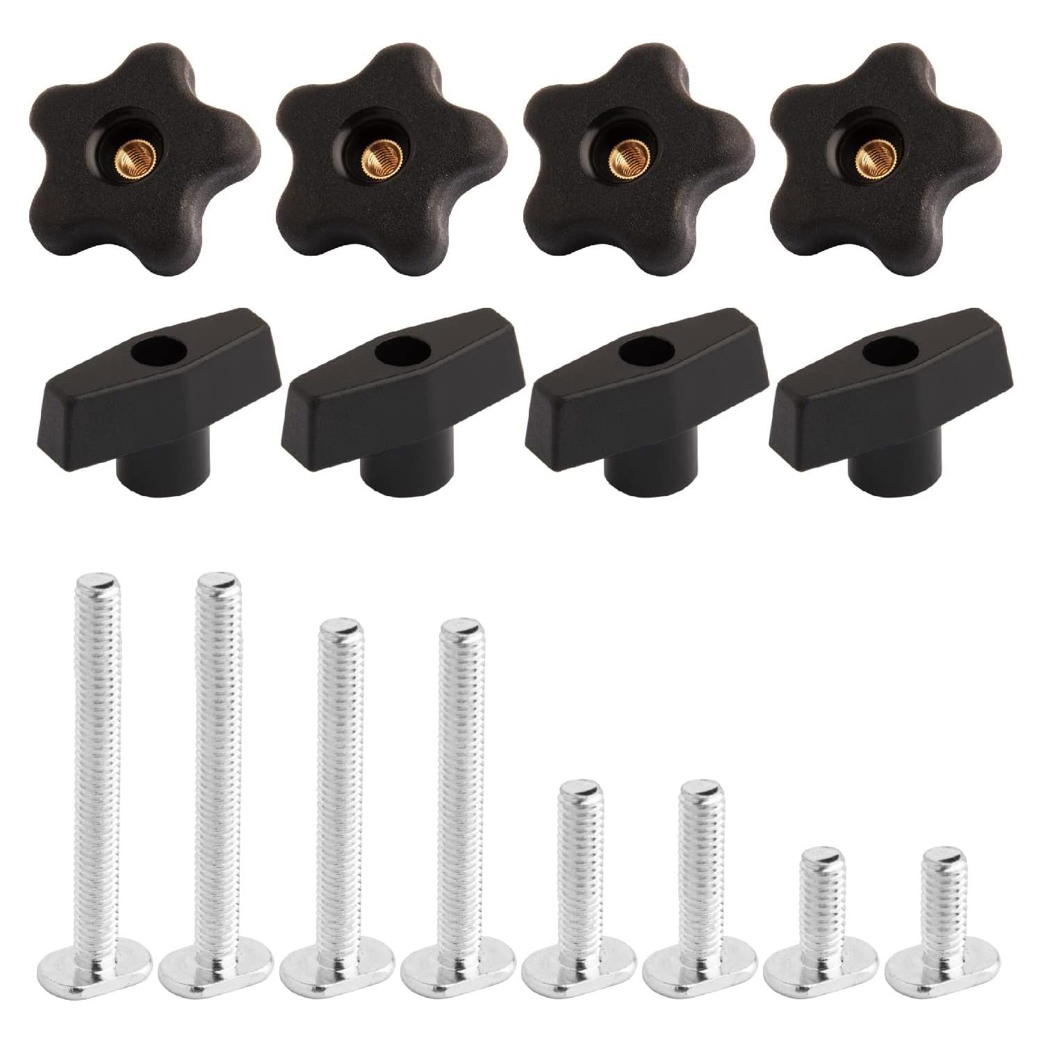 POWERTEC 71121 T Track Knob Kit w/ Threaded Knobs and 5/16”-18 T Slot Bolts, 16-Piece Set, T Track Accessories for Woodworking Jigs and Fixtures