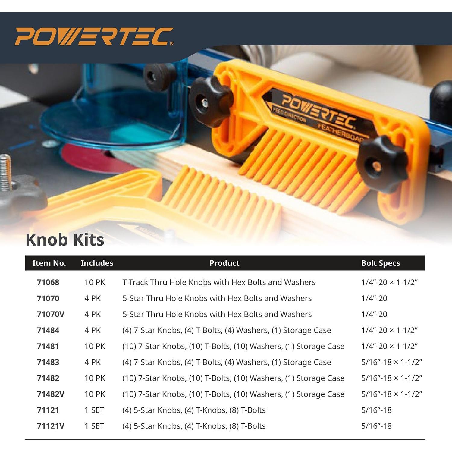 POWERTEC 71121 T Track Knob Kit w/ Threaded Knobs and 5/16”-18 T Slot Bolts, 16-Piece Set, T Track Accessories for Woodworking Jigs and Fixtures