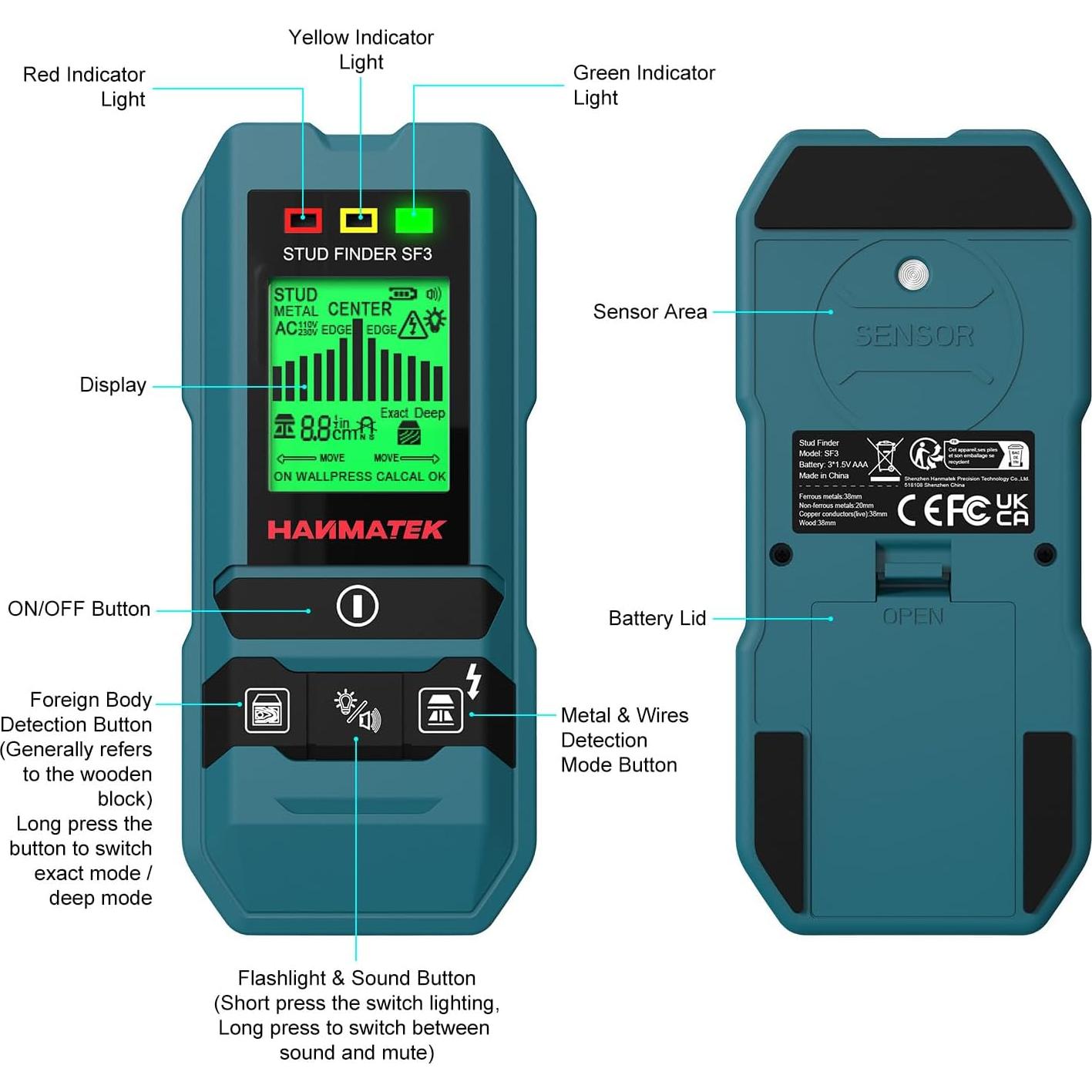 Buscador de Estudio HANMATEK SF3 6-en-1 Detección Madera Metal