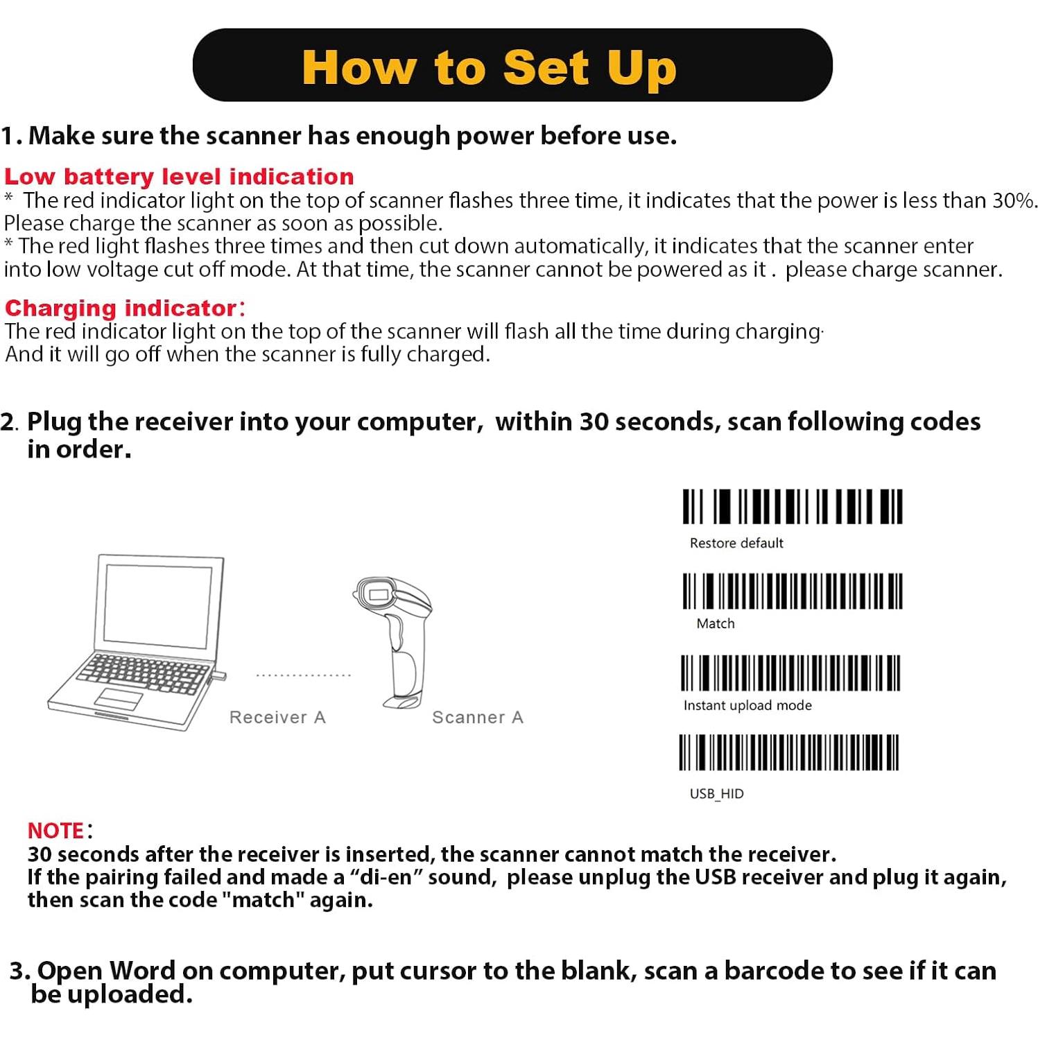 Escáner de Código de Barras Inalámbrico NADAMOO Bur3003 100m