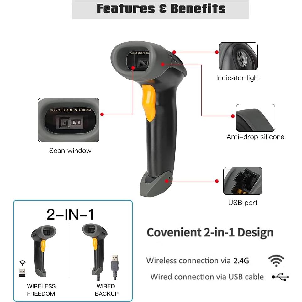 1D CCD 2.4G Wireless Bar Code Scanner Versatile 2 in 1 (Wireless+USB Wired), UNIDEEPLY Automatic Barcode Reader Scanner 196 Feet Indoor Transmission Distance, Scanning Gun for PC Computers, Black