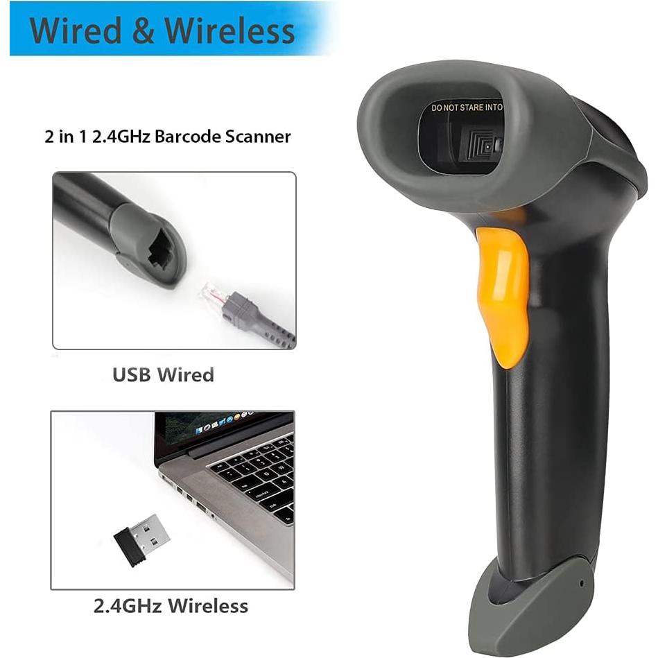 1D CCD 2.4G Wireless Bar Code Scanner Versatile 2 in 1 (Wireless+USB Wired), UNIDEEPLY Automatic Barcode Reader Scanner 196 Feet Indoor Transmission Distance, Scanning Gun for PC Computers, Black