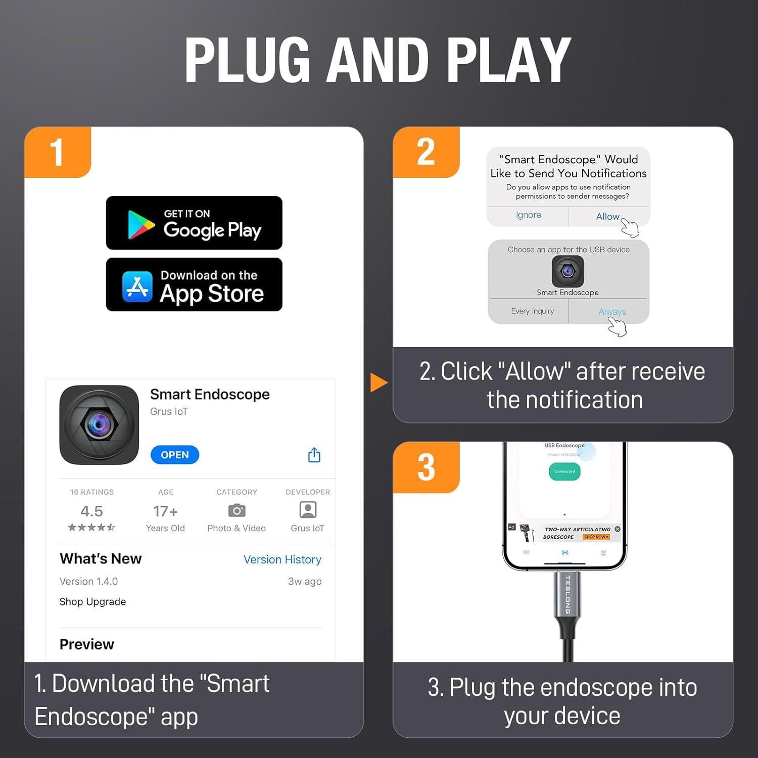 Cámara Endoscópica Teslong 2MP USB-C 5.03m con Autofoco