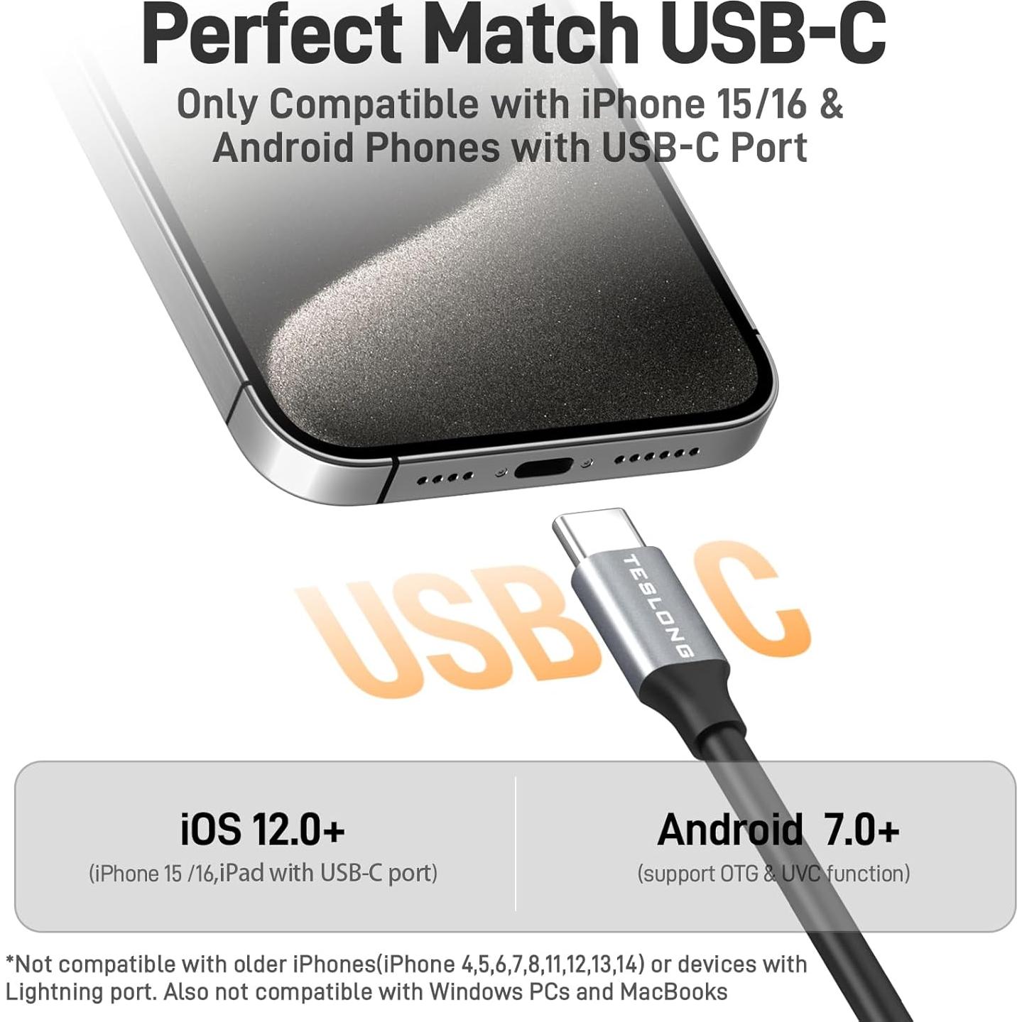 Teslong Telescopic Camera with Light, USB-C Borescope with 5FT Telescopic Pole, for HVAC Systems, Wall, Chimney, Automotive and Pipe Inspections, Compatible with iPhone 15/16 and Android