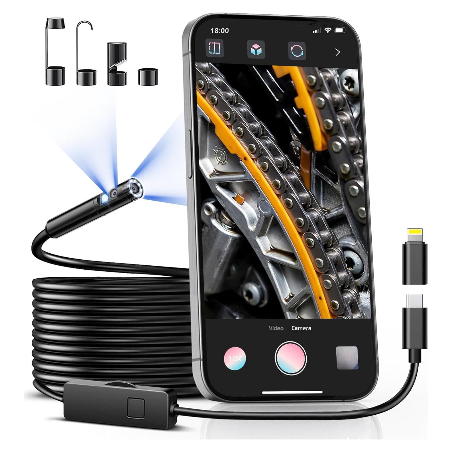 Unifizz Borescope 1920P Inspection Camera with 8+1 Adjustable LED Lights,Endoscope Camera with Light, Endoscope with 16.5ft Semi-Rigid Cable Waterproof Snake Camera