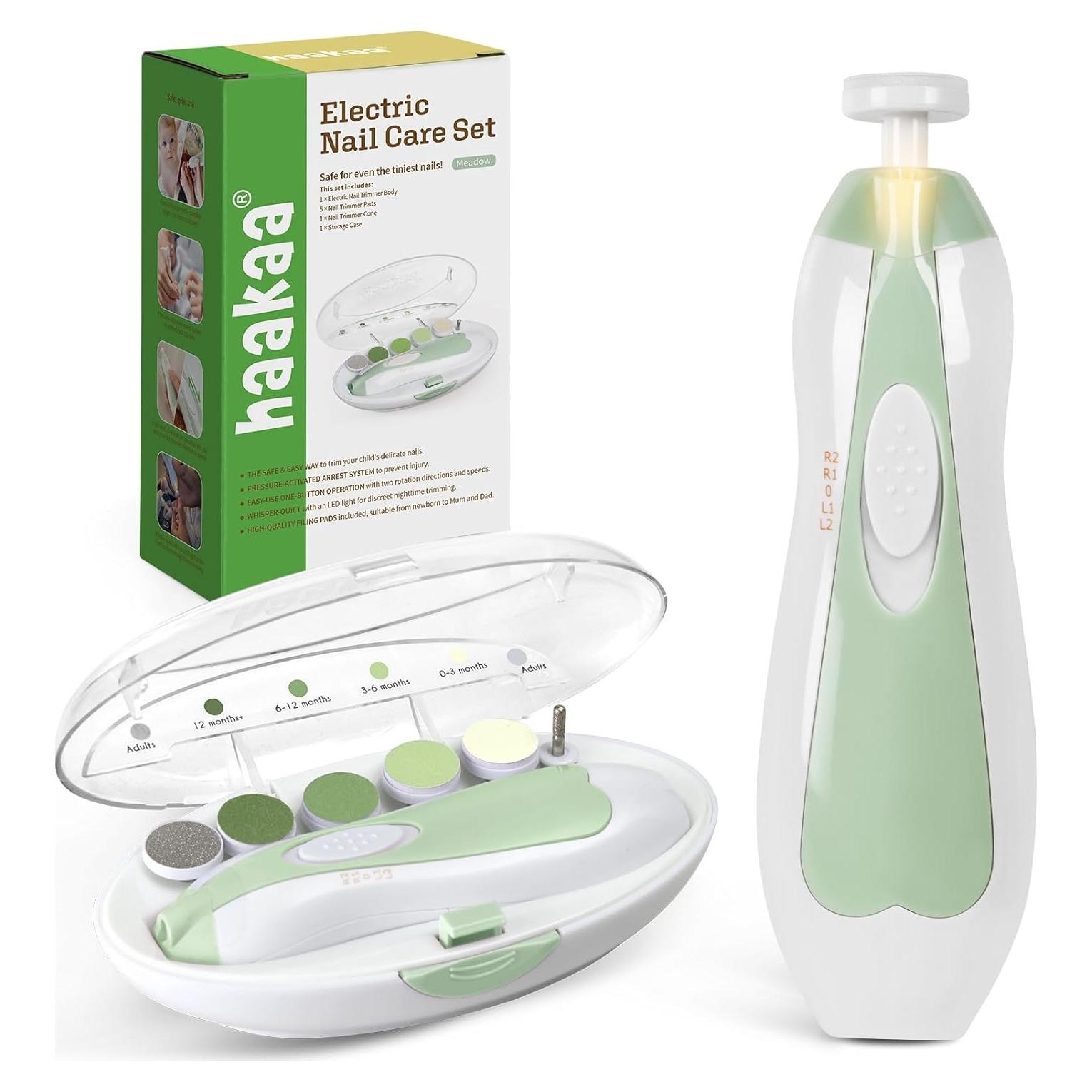 Cortauñas Eléctrico Haakaa Verde con Luz LED y 6 Accesorios