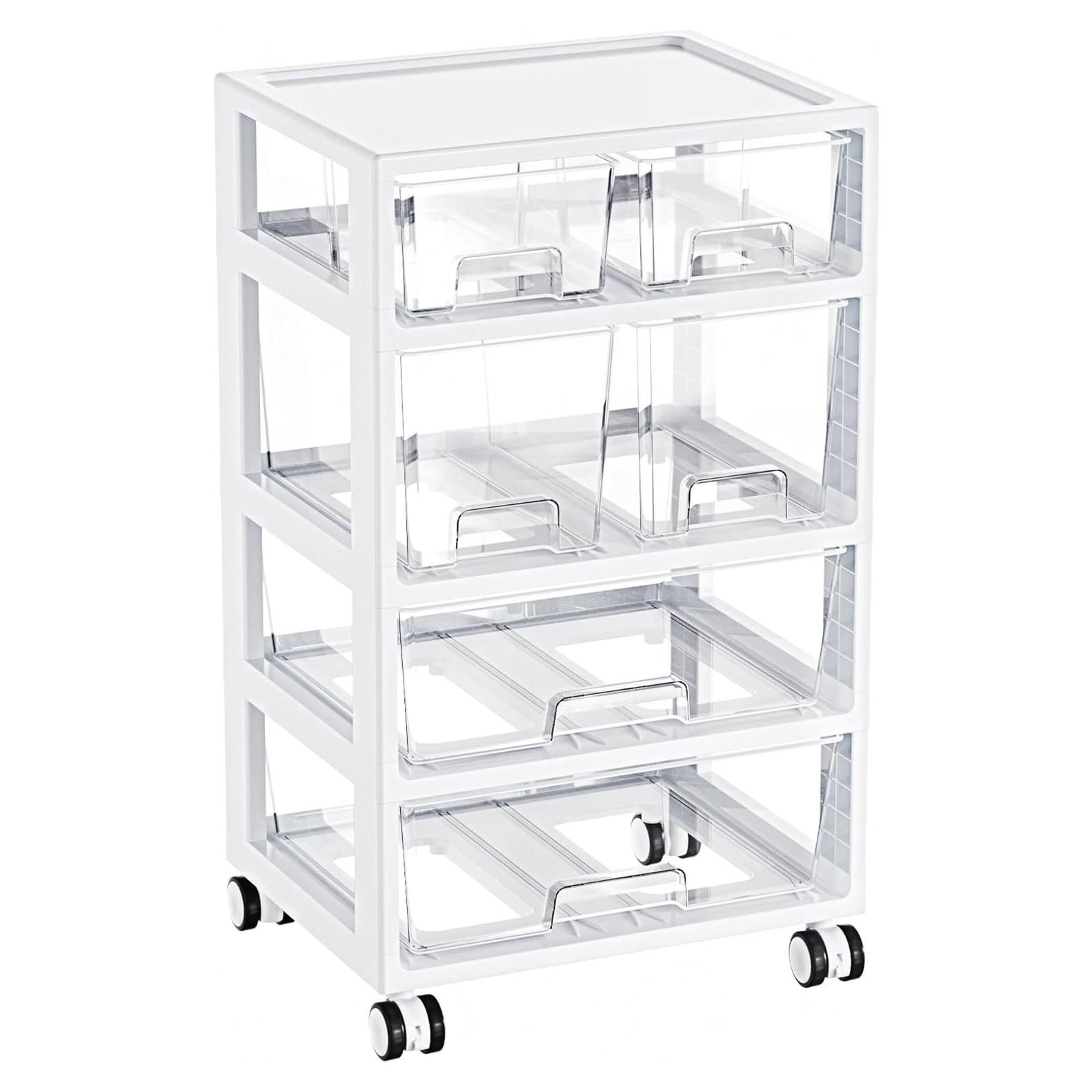 Vtopmart Plastic Drawer Storage Orangizer, 4 Tier 6 Drawers with Wheels for Office Supplies, Art Crafts, Under Desk Storage for Office, Bathroom, Dresser, 1 Pack/Clear