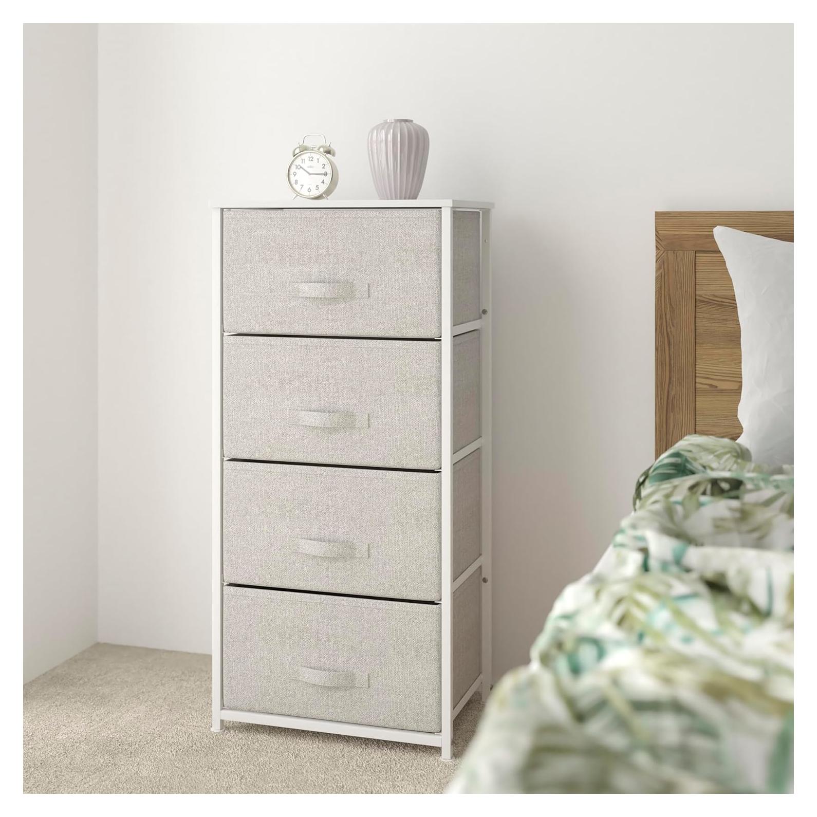 Cajonera EMMA + OLIVER 4 Cajones Tela Gris y Madera Blanca