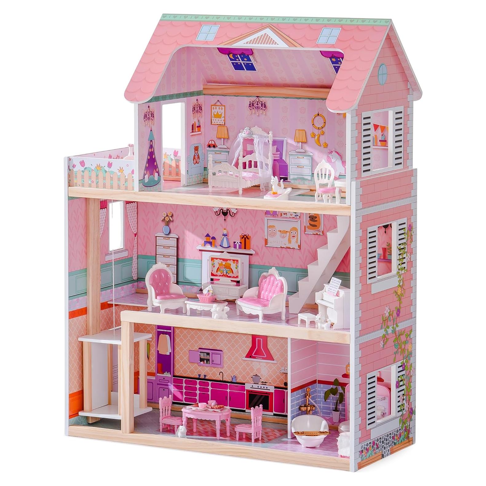 Casa de Muñecas de Madera ROBUD con 24 Accesorios Rosa