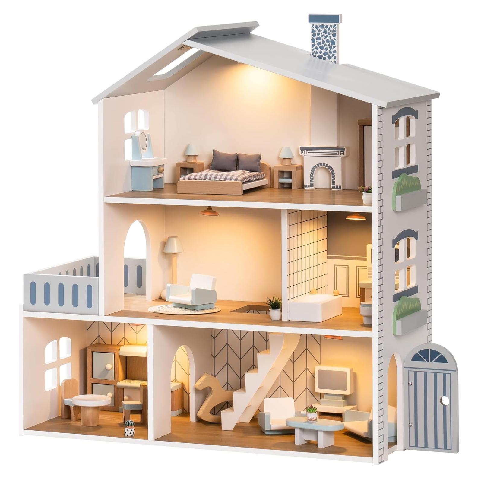 Casa de Muñecas ROBUD de Madera con 6 Habitaciones y Muebles