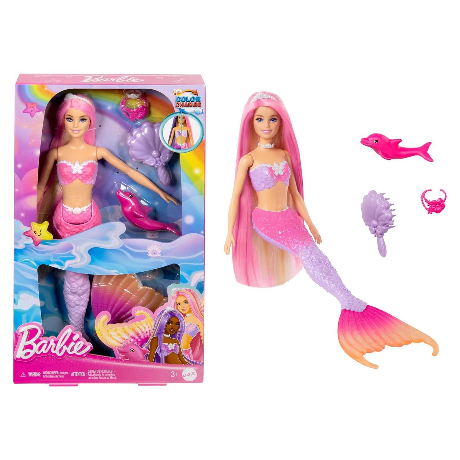 Muñeca Sirena Barbie Malibú con Cambio de Color y Accesorios