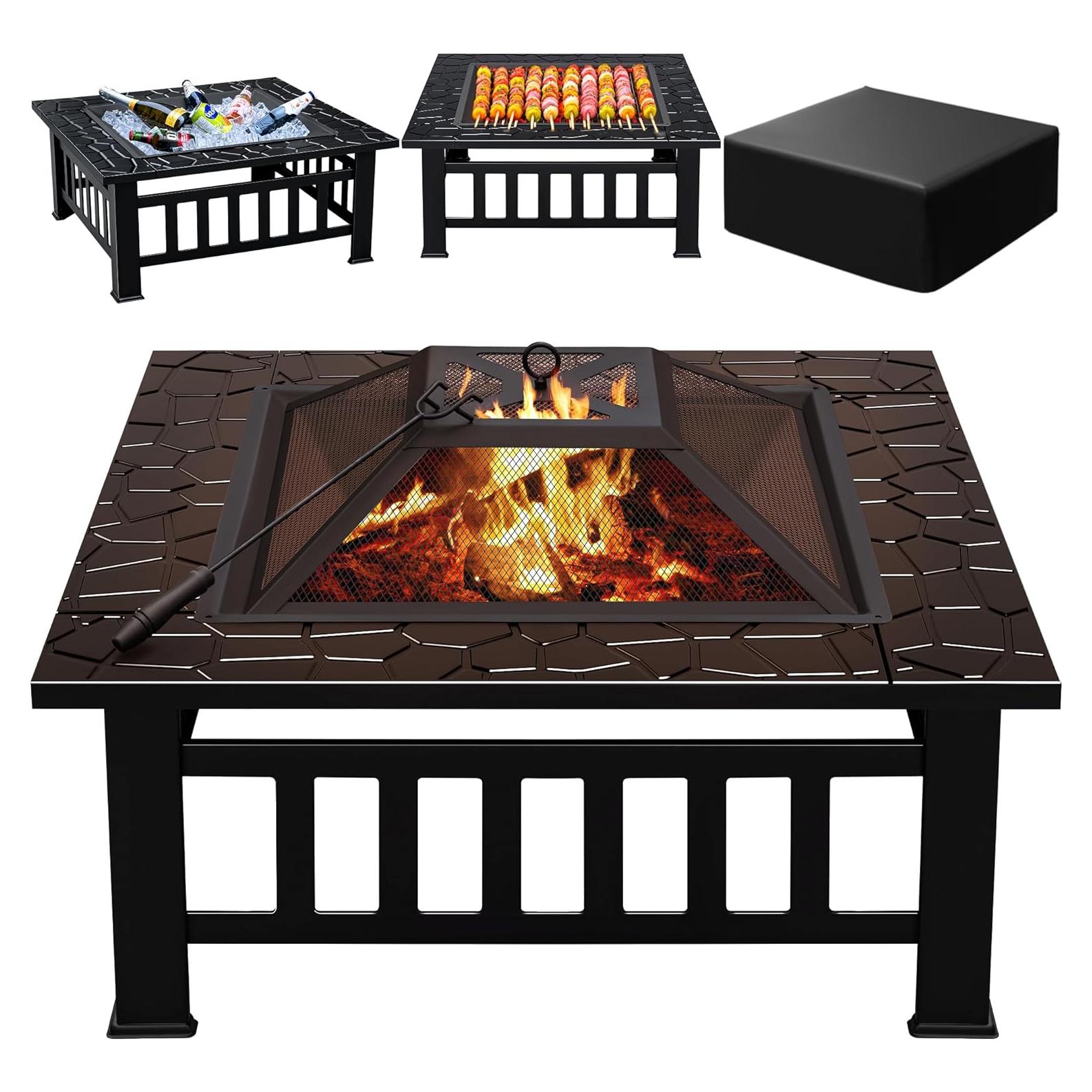 Mesa de fuego Greesum 81 cm cuadrada, metal, para patio