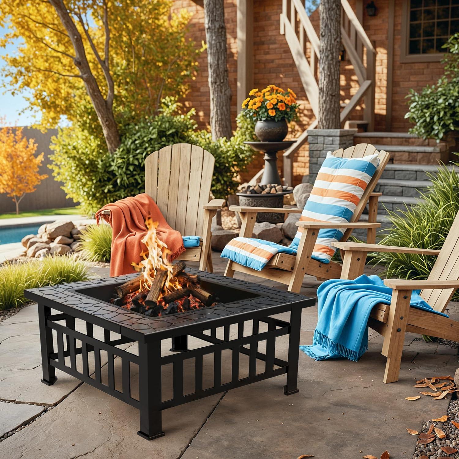 Mesa de fuego Greesum 81 cm cuadrada, metal, para patio