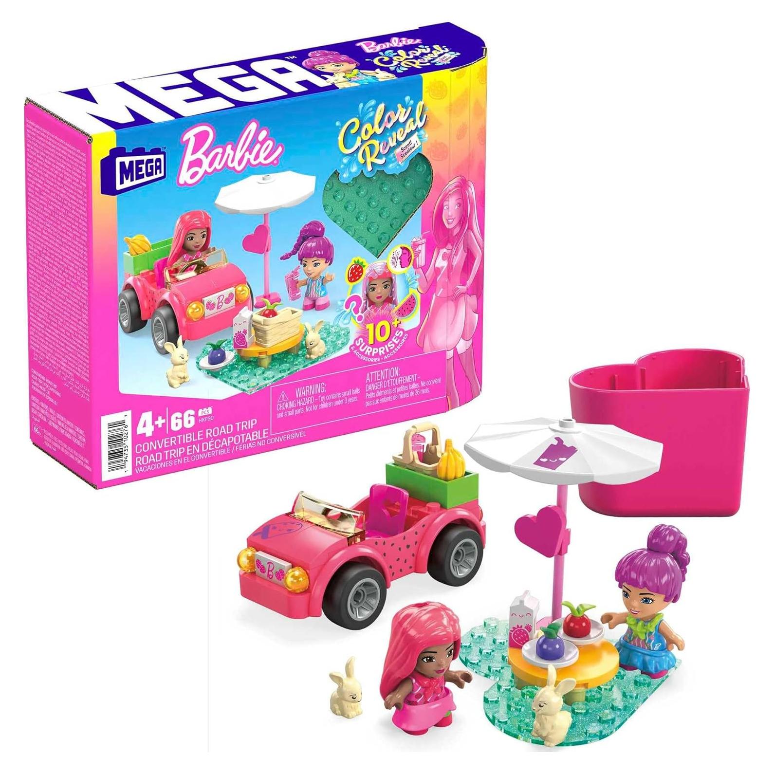 MEGA Barbie Color Reveal Kids Building Toy Set, Convertible Road Trip with 66 Pieces, 2 Micro-Dolls and Accessories, Pink, Ages 4+ Years
